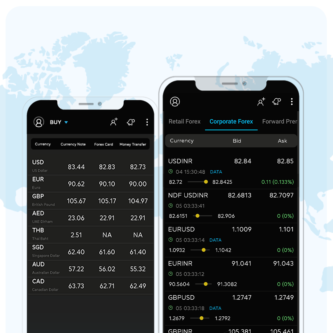 A Myforexeye app with a world map on the screen displaying currency rates conversions in USD, GBP, and Euro.